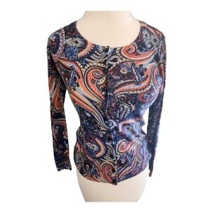 TALBOTS Petite P Navy Blue Red Merino Wool Paisley CARDIGAN SWEATER Long Sleeve